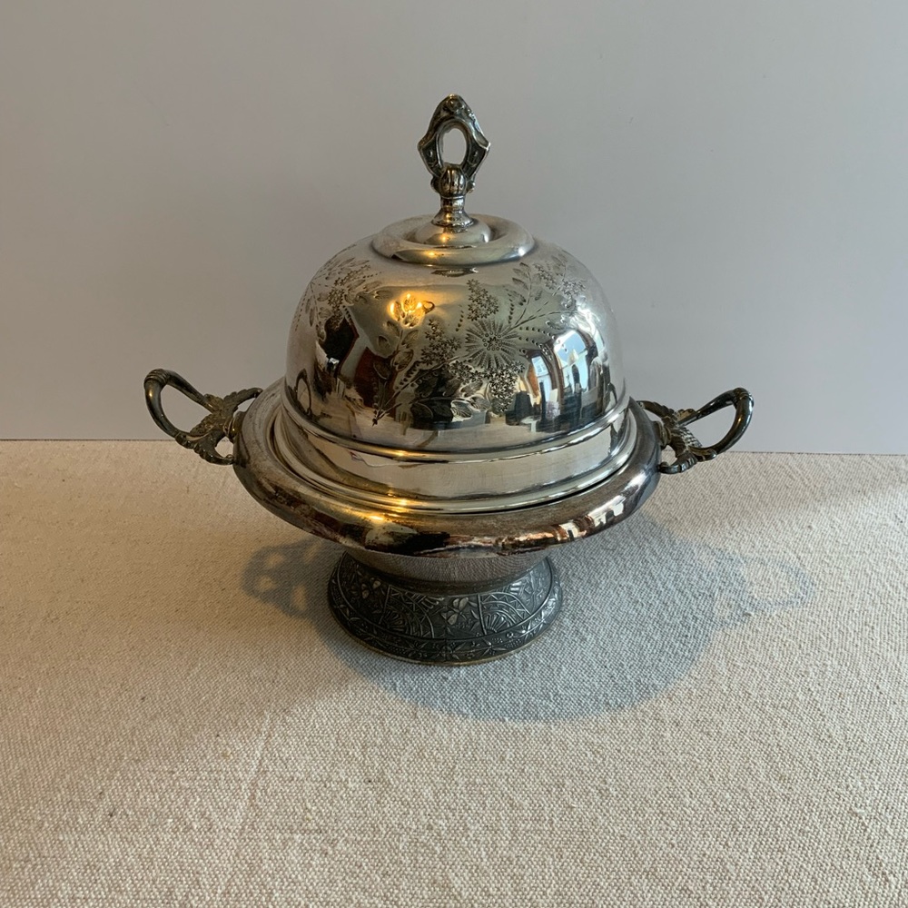 Decorative Silver-Tone Covered Serving Dish with Handles